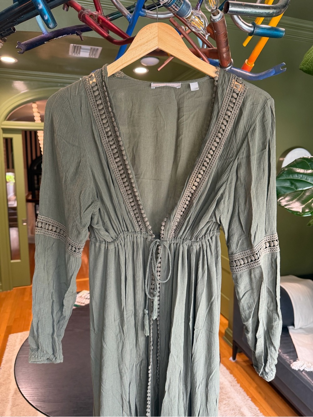 Chelsea28 Olive Green Long Sleeve Tie-Front Maxi cover up Dress